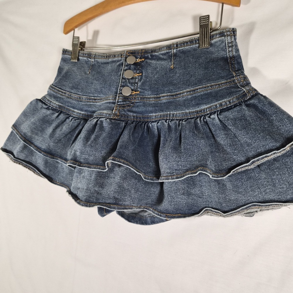 Y2K Denim Micro Mini Skort Womens M Ruffle Tiered High Waist Jean Shorts Skirt